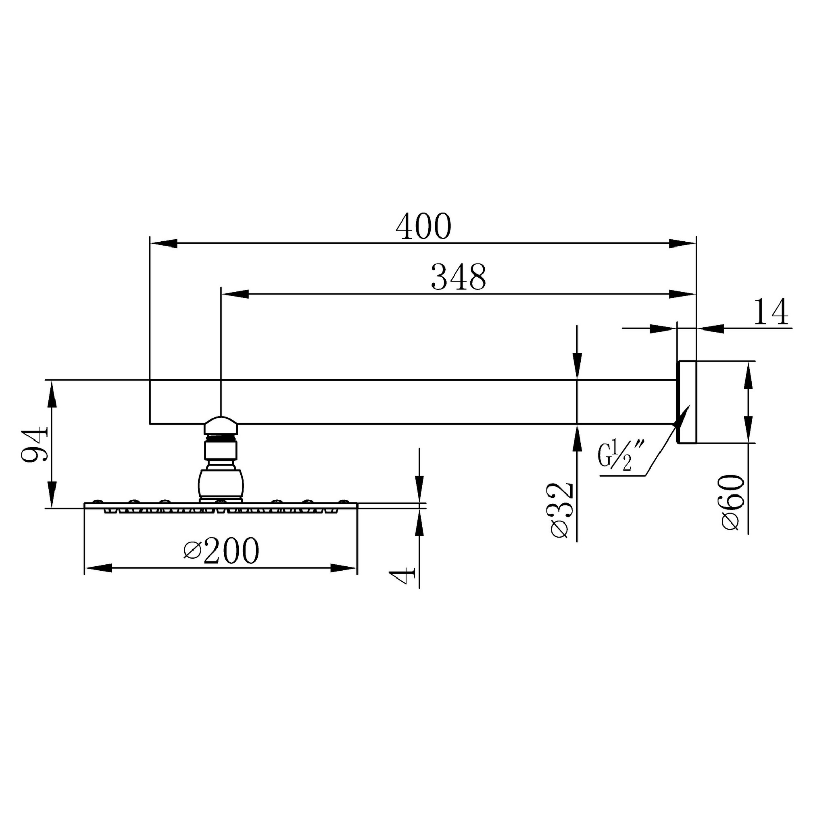 Bargara Shower Head Round 200mm + Wall Arm